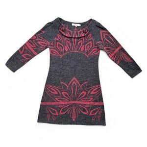 Aryeh Mandala Knit Tunic Dress Wmn Size Small Gray Red Good Cowl Neck 3/4 Sleeve